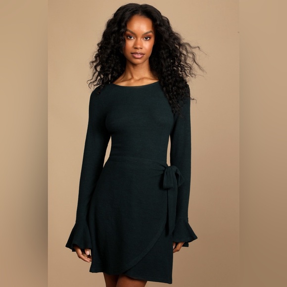 NWT Lulus | Favorite Tune Black Sweater Flounce Sleeve Wrap Dress Size Large - Picture 2 of 10